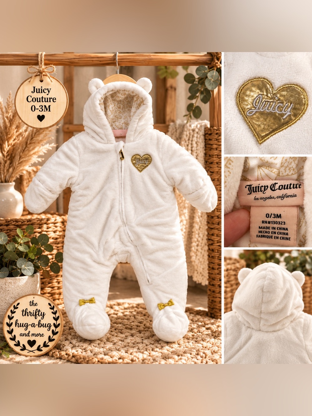 🤍 Juicy Couture Baby Plush Snowsuit 0–3M | Hooded Footed Bunting
